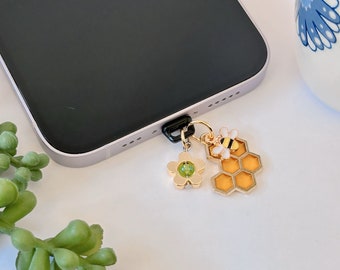Bookish Charm: USB-C Dust Plug, Bee & Flower Phone Charm