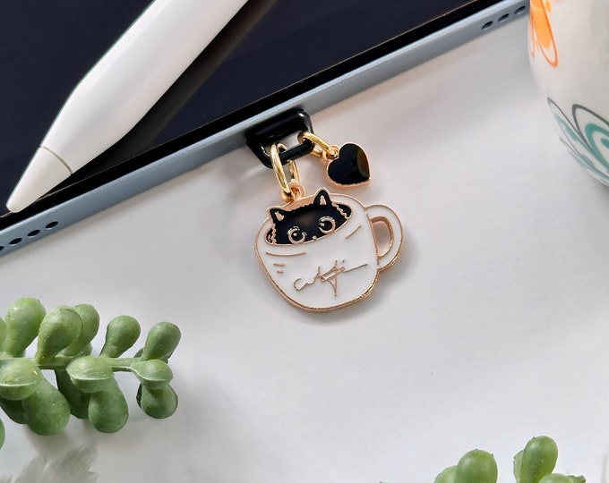 Bookish Kindle Charm: Cat in Teacup Dust Plug