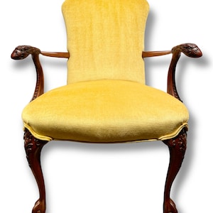 Antique, yellow velvet, Hand-carved, Mahogany Eagle Arm Chair