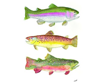 Rainbow, Brown, and Brook Trout Watercolor Painting