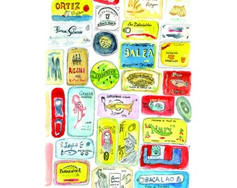 Bright Colorful Watercolor and Ink Portugese Sardine Cans