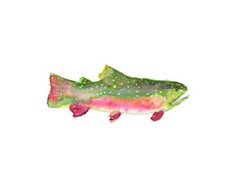 Brook Trout Watercolor Painting, Brown, Green Pink