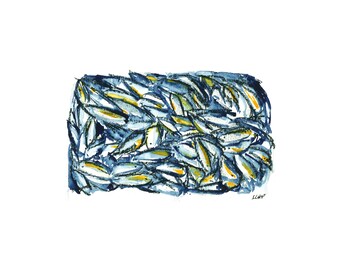 Abstract Watercolor Charcoal Fish in Blue Series #3