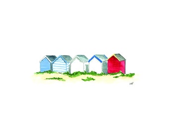 Red, White, and Blue Watercolor of Bathhouses on the Beach