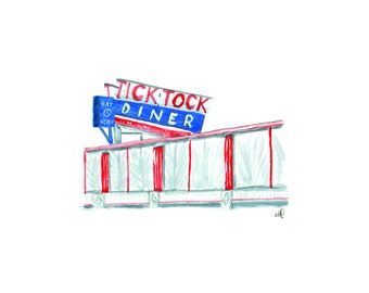 Iconic Red and Blue TikTok Diner Sign Watercolor and Ink