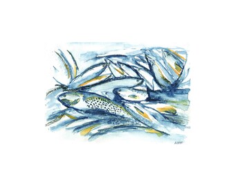 Abstract Watercolor Charcoal Fish in Blue Series #1