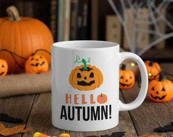 Taza "Hola Otoño" - Taza de café de calabaza para Halloween - Regalo de temporada de otoño - Taza de café con especias de calabaza y hojas de otoño - Taza "Hola Otoño"