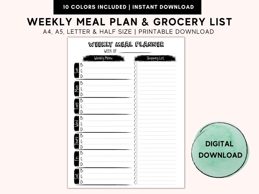 Printable Weekly Meal Planner and Grocery List 7-day Food - Etsy