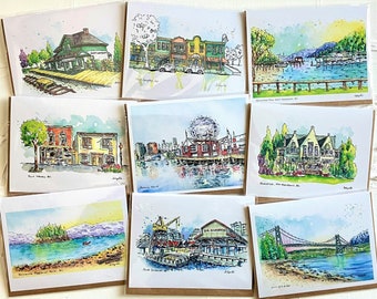 Urban Landscape and Building Sketches - Greeting Cards | Blank Note Cards | Ink & Watercolour Prints | A2 Size