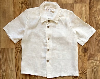 Boys' linen collared shirt with buttons | Short sleeve | Handmade vintage linen shirt for toddler boy