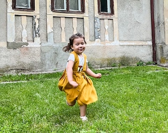 Girls' vintage linen suspender skirt | Handmade cozy skirt with braces for toddler girl