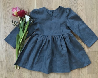 Handmade Linen Dress: Vintage Style Long Sleeve Toddler Girl