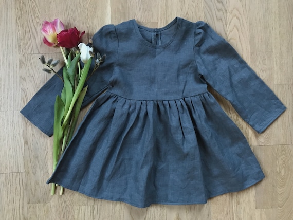 Handmade Linen Dress: Vintage Style Long Sleeve Toddler Girl