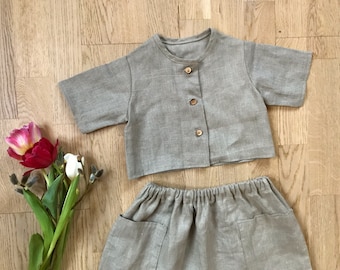 Handmade Linen Toddler Set: Vintage Blouse and Skirt