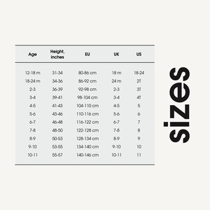 May include: Size chart for children's clothing with age, height in inches and centimeters, and corresponding EU, UK, and US sizes.