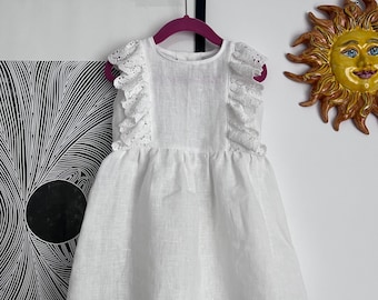 White Baptism Linen Handmade Dress for Girls