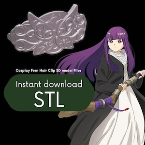 May include: A silver fern hair clip 3D model file for cosplay. The image shows a 3D model of the hair clip and a character from an anime wearing a similar hair clip. The text "Cosplay Fern Hair Clip 3D model Files" and "Instant download STL" is visible in the image.