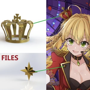 Peut inclure: Deux objets imprimés en 3D de couleur dorée : une couronne surmontée d’une croix et une étoile à huit branches. La couronne et l’étoile sont sur un fond blanc. Le texte « STL FILES » est en lettres rouges sous la couronne.