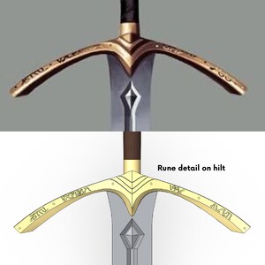 May include: A close-up of a sword hilt with a gold-colored metal guard and a wooden handle. The guard has a decorative design with runes inscribed on it. The runes read "AETHEL", "VRODER", and "ALCU", which are likely fictional languages.