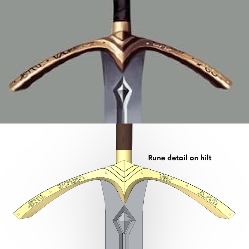 May include: A close-up of a sword hilt with a gold-colored metal guard and a wooden handle. The guard has a decorative design with runes inscribed on it. The runes read "AETHEL", "VRODER", and "ALCU", which are likely fictional languages.