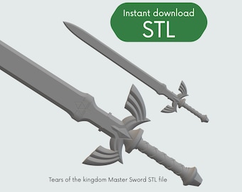 May include: A 3D printed model of the Master Sword from the Legend of Zelda: Tears of the Kingdom video game. The sword is gray and has a detailed design. The image includes the text "Tears of the kingdom Master Sword STL file" and "Instant download STL".
