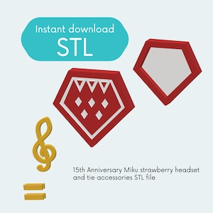 May include: Red and white 3D printed strawberry headset and tie accessories STL file. Instant download STL. 15th Anniversary Miku strawberry headset and tie accessories STL file.