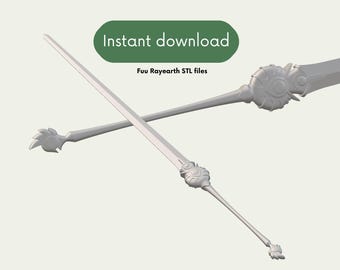 May include: Two silver-colored swords with intricate designs on the handles. The swords are crossed in the air, with the tips pointing in opposite directions. The text "Instant download" and "Fuu Rayearth STL files" is visible in the image.