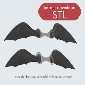 May include: A 3D model of a bat wing wig with a harness system. The wings are black with a textured surface and are connected by a silver-coloured harness. The image includes the text "Instant download STL".