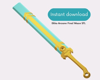 Puede incluir: Un modelo impreso en 3D de una maza azul y dorada, inspirado en el personaje Ekko de la serie de Netflix Arcane. El modelo está listo para descargarse instantáneamente.