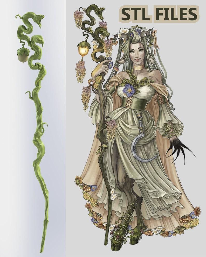 Puede incluir: Un modelo 3D impreso de una figura femenina con cuernos, que lleva un vestido largo y fluido con detalles florales. Ella sostiene un bast&oacute;n con una linterna y enredaderas. El bast&oacute;n tambi&eacute;n est&aacute; disponible como un modelo 3D impreso separado.