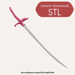 以下が含まれることがあります： ピンクとシルバーの剣で、湾曲した刃が付いています。剣は星型のデザインの装飾的なハンドルが付いています。即時ダウンロード STL.