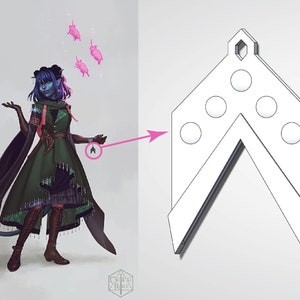 May include: A blue-skinned character with a green cloak and a purple shirt, holding a silver charm with a white circle design. The charm is similar to a pendant on a necklace. The character is surrounded by pink pig-like creatures with wings.