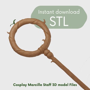 May include: A brown wooden staff with a circular top, resembling a branch with a small green sprout. The staff is designed for cosplay and is labeled "Cosplay Marcilie Staff 3D model Files". The text "Instant download STL" is also visible in the image.