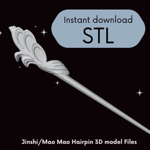 Puede incluir: Una horquilla de color plateado con un diseño decorativo y ornamentado en la parte superior. La horquilla es larga y delgada, con un acabado liso y pulido. El texto "Descarga instantánea STL" es visible en la imagen.