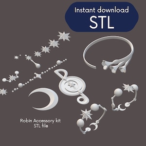 May include: A 3D printable STL file for a Robin accessory kit. The kit includes a crescent moon, a star, a bracelet with stars, a bracelet with a crescent moon, and a headband with flowers.