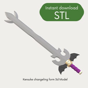 May include: A silver sword with a purple and gold handle and black bat wings. The sword has a unique design with a pointed tip and a curved blade. The text "Instant download STL" is in a green box.