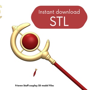 Könnte beinhalten: Ein 3D-druckbares Modell eines Stabs mit einem Halbmond- und einem roten Kugeldesign. Das Modell steht zum sofortigen Download im STL-Format zur Verfügung. Frieren Staff Cosplay 3D-Modelldateien. Sofortiger Download STL.