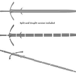 May include: A silver sword with a long, straight blade and a decorative hilt. The sword is shown in two versions: one whole and one split into multiple pieces. "Split and Unsplit version included" is written in black text below the sword.