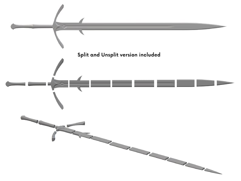 May include: A silver sword with a long, straight blade and a decorative hilt. The sword is shown in two versions: one whole and one split into multiple pieces. "Split and Unsplit version included" is written in black text below the sword.