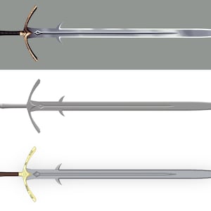 May include: Three swords with ornate gold handles and silver blades. The swords are arranged in a vertical line, with the top sword having a black handle.