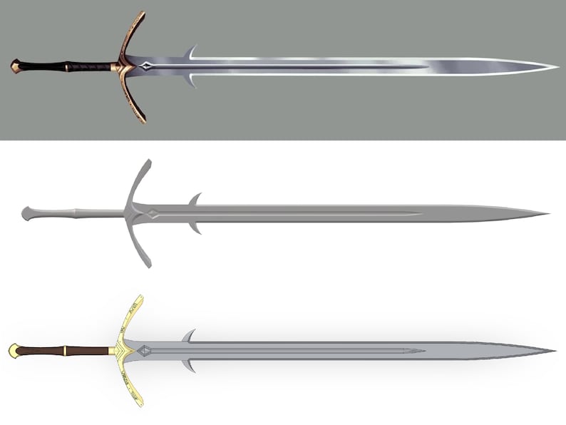 May include: Three swords with ornate gold handles and silver blades. The swords are arranged in a vertical line, with the top sword having a black handle.