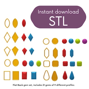 May include: A set of 21 flat back gems in 9 different shapes and colours. The gems are arranged in rows and include round, oval, square, diamond, and teardrop shapes. The colours include red, blue, green, yellow, and purple.