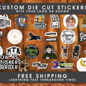 Custom Matte or Gloss Waterproof and Permanent Die Cut Stickers Printed with your Image or Logo Fast & Free Shipping