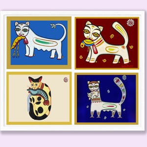 Cats with Prawns by Jamini Roy | Set of 4 Paintings | Kalighat Paintings | Indian Wall Art | Wall Decor | Digital Downloadable Images