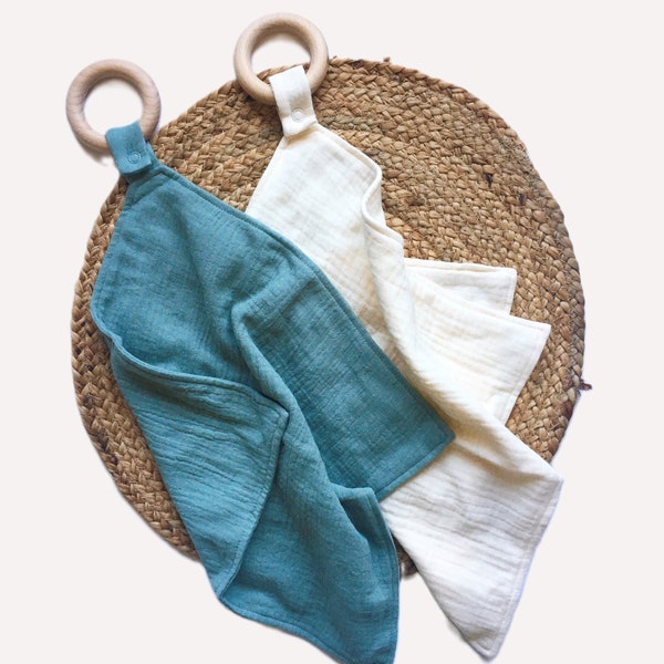 Organic Cotton Baby Security Blanket with Teething Ring / Muslin Lovey Blanket / Natural Baby Toy