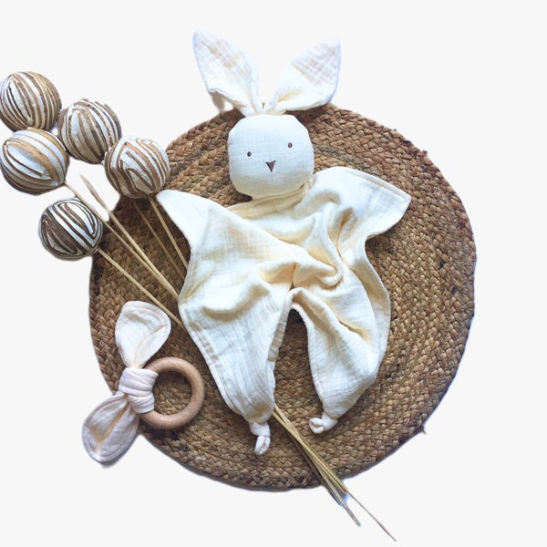 Organic Cotton Baby Lovey and Natural Beechwood Teether Set / Natural Baby Gift / Gender Neutral Baby Shower Gift