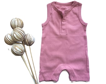Organic Cotton Sleeveless Baby Romper / Ribbed Sunsuit / Baby Jumpsuit