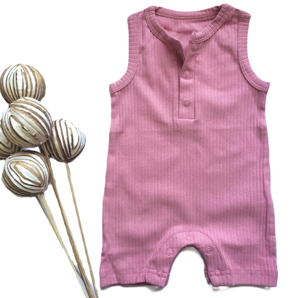 Organic Cotton Sleeveless Baby Romper / Ribbed Sunsuit / Baby Jumpsuit