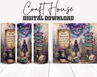 Cheshire Cat Tumbler Wrap PNG for 20oz and 30oz Skinny Tumblers, Purple Watercolor Wonderland Design