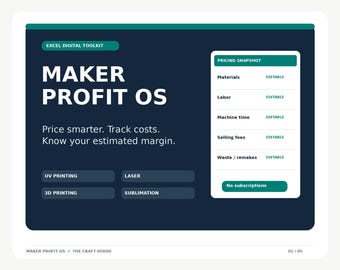 Maker Pricing Calculator Excel | UV Laser 3D Printing Profit Tracker, Inventory & Order Spreadsheet